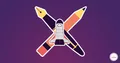 Illustration of a fountain pen, a pencil, and a rocket ship crossed like an X, on a purple background with the &friends logo.
