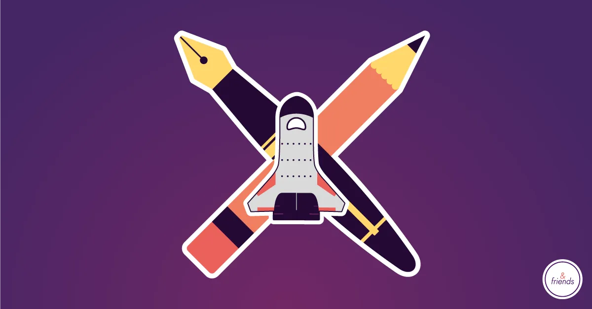 Illustration of a fountain pen, a pencil, and a rocket ship crossed like an X, on a purple background with the &friends logo.