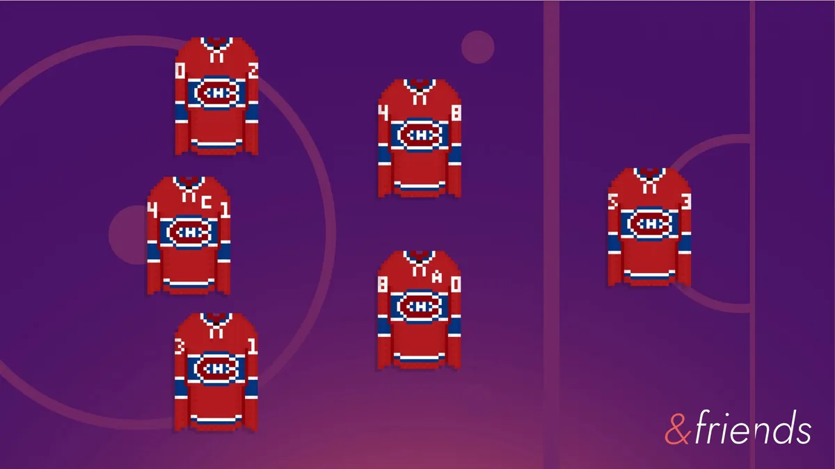 Pixel-art illustration of six Montreal Canadiens hockey jerseys with different player numbers.