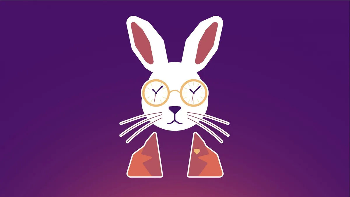 Illustration of a white rabbit wearing round glasses with clock faces for lenses.