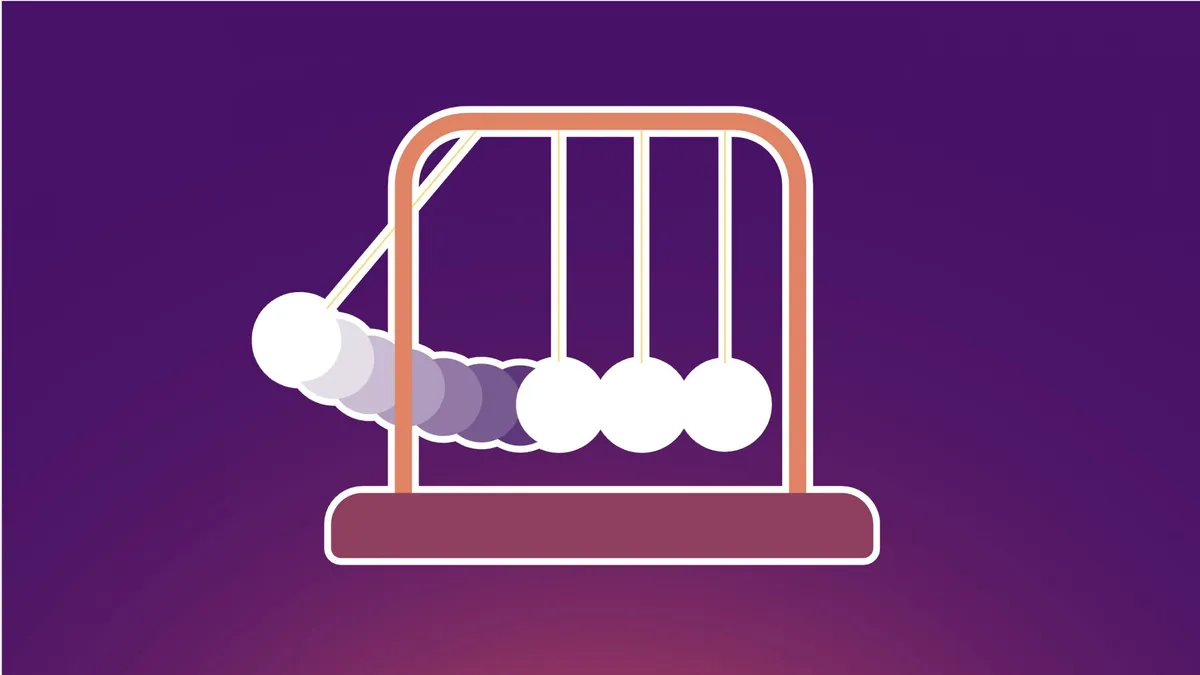 Illustration of a Newton's cradle mid-swing, symbolizing chain reactions.