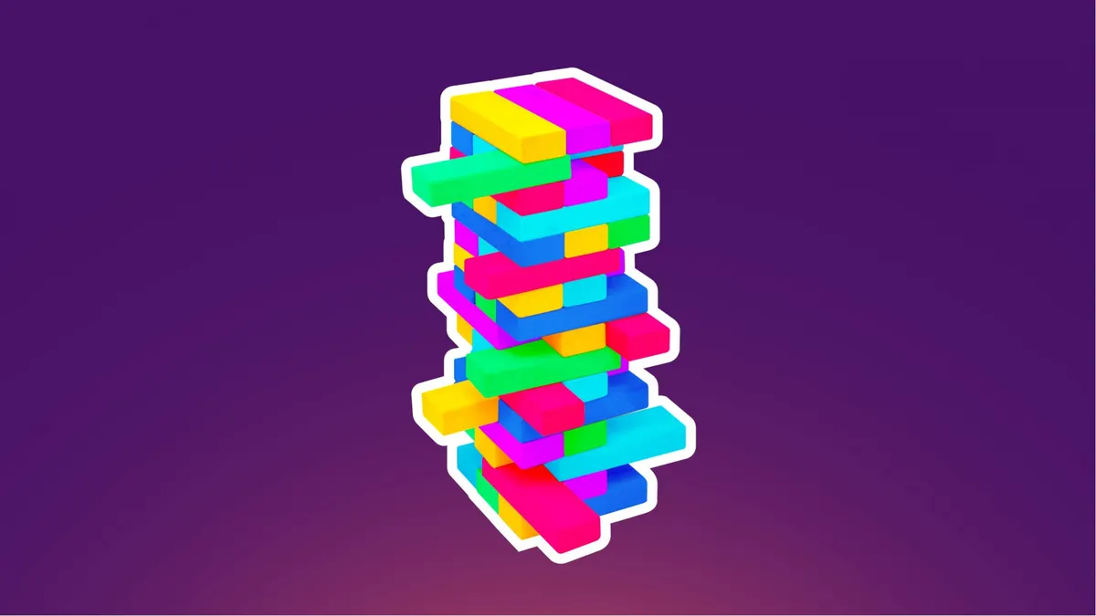 3D illustration of a colorful, precariously stacked Jenga tower.