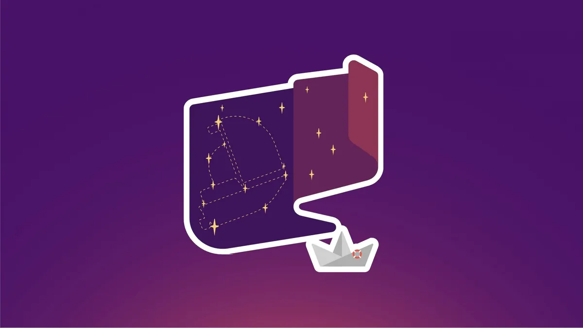 Illustration of a paper boat sailing beside an open book showing a star map, on a dark purple background.
