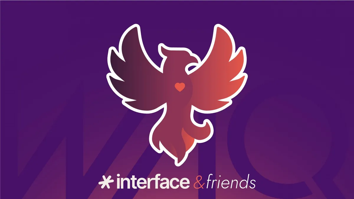 Illustration of a phoenix with a heart on its chest above the words "interface & friends."