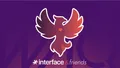 Illustration of a phoenix with a heart on its chest above the words "interface & friends."