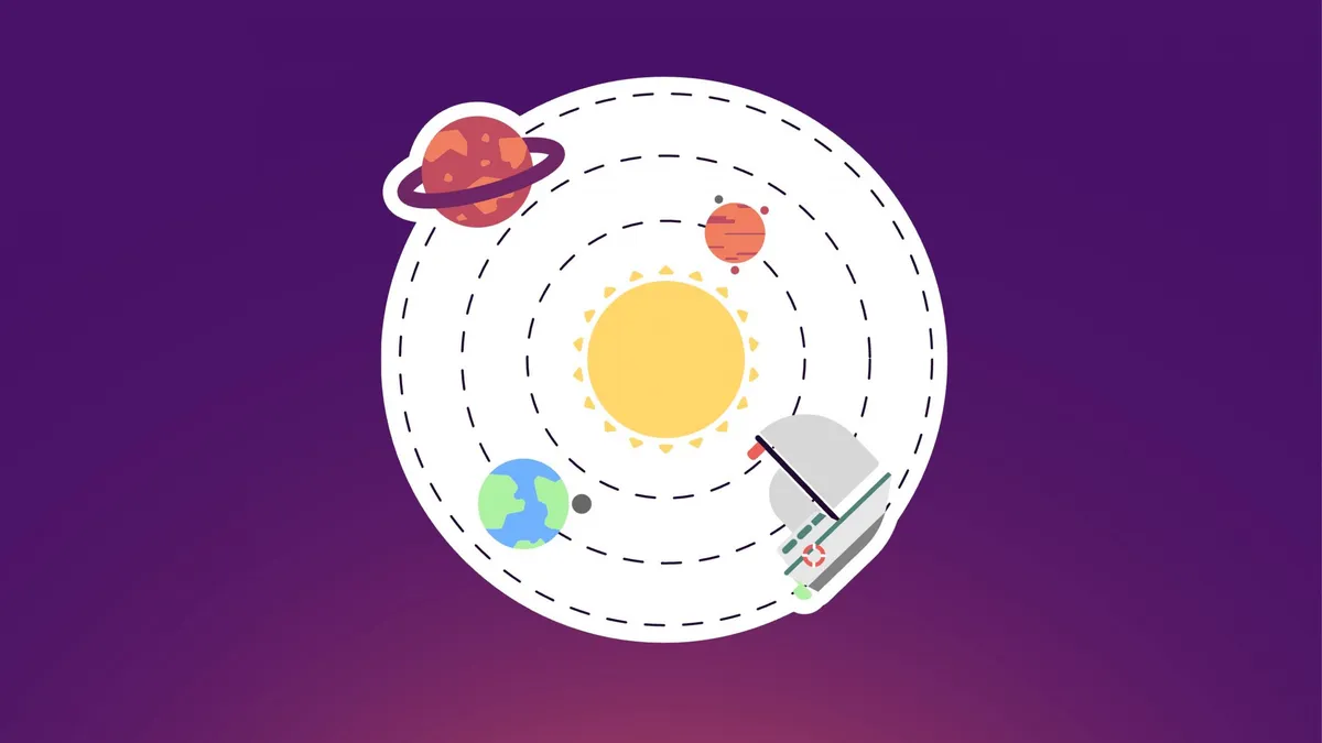 Illustration of a solar system with the sun, four orbiting planets, and a sailboat as one of the orbiting bodies, inside a white circle sticker.