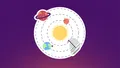 Illustration of a solar system with the sun, four orbiting planets, and a sailboat as one of the orbiting bodies, inside a white circle sticker.