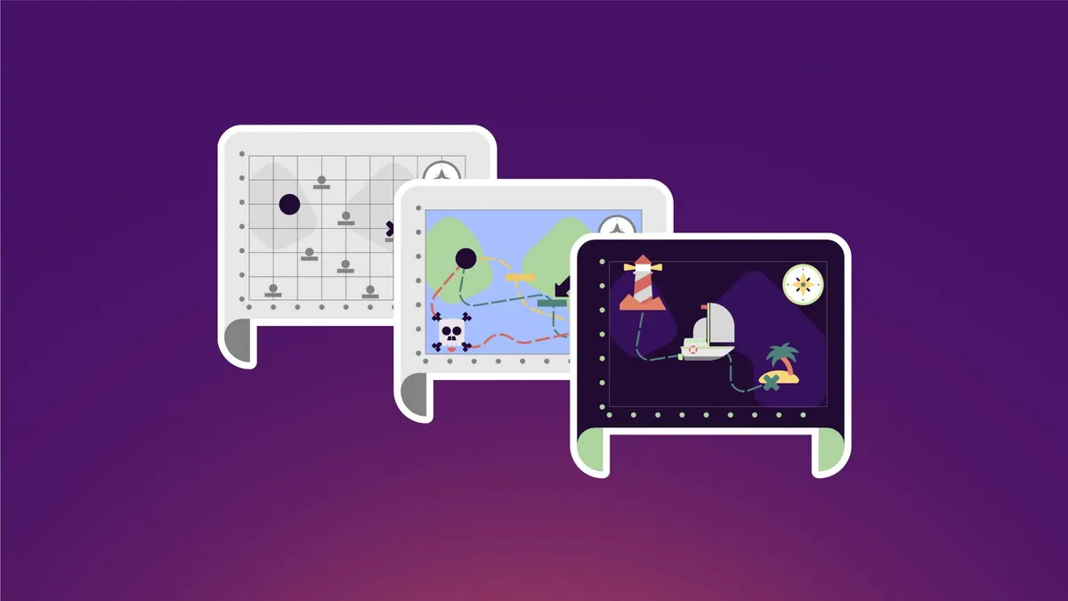 Three overlapping speech-bubble-shaped map cards of increasing detail: a grid of dots, an island treasure map, and a lighthouse and sailboat scene.
