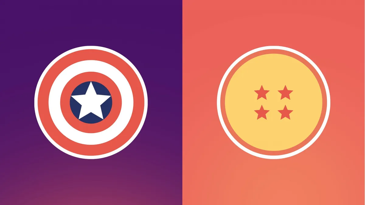 Split illustration contrasting Captain America's star-spangled shield with a Dragon Ball, symbolizing coopetition between rivals.