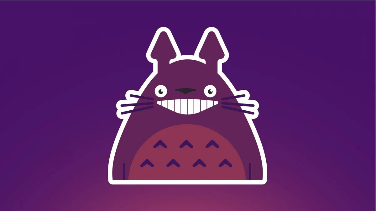 Illustration of Totoro grinning, sticker-style, on a purple background.