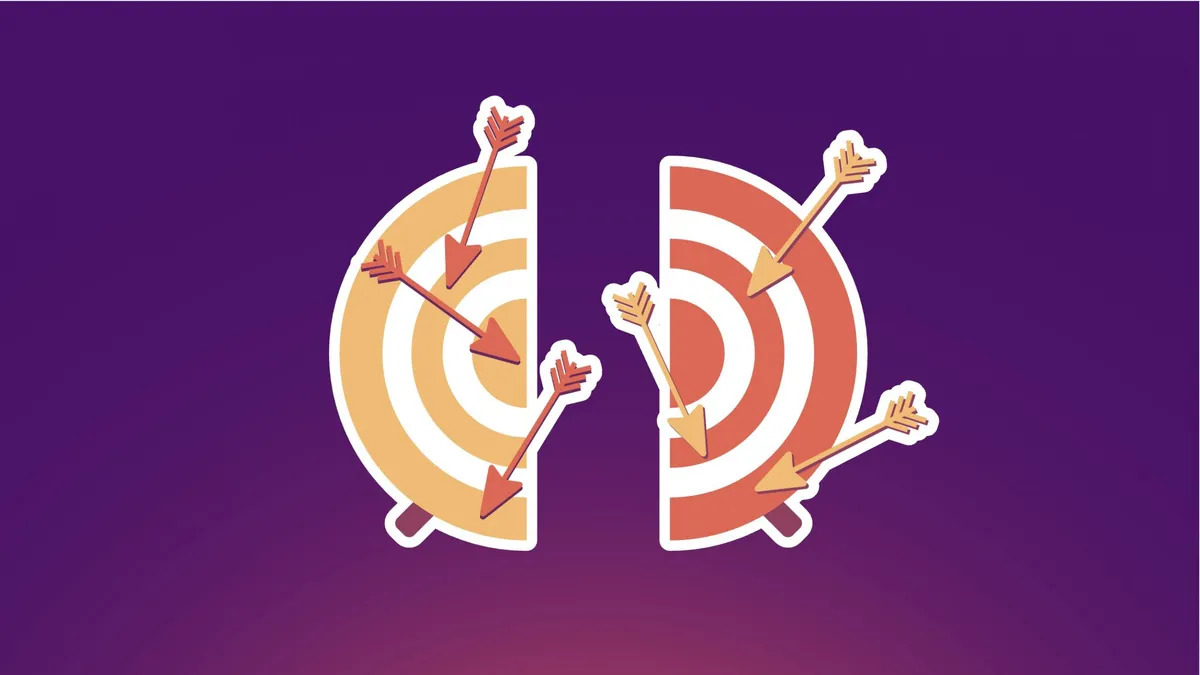 Two archery targets split down the middle, each pierced by several arrows, illustrating scattered aim.