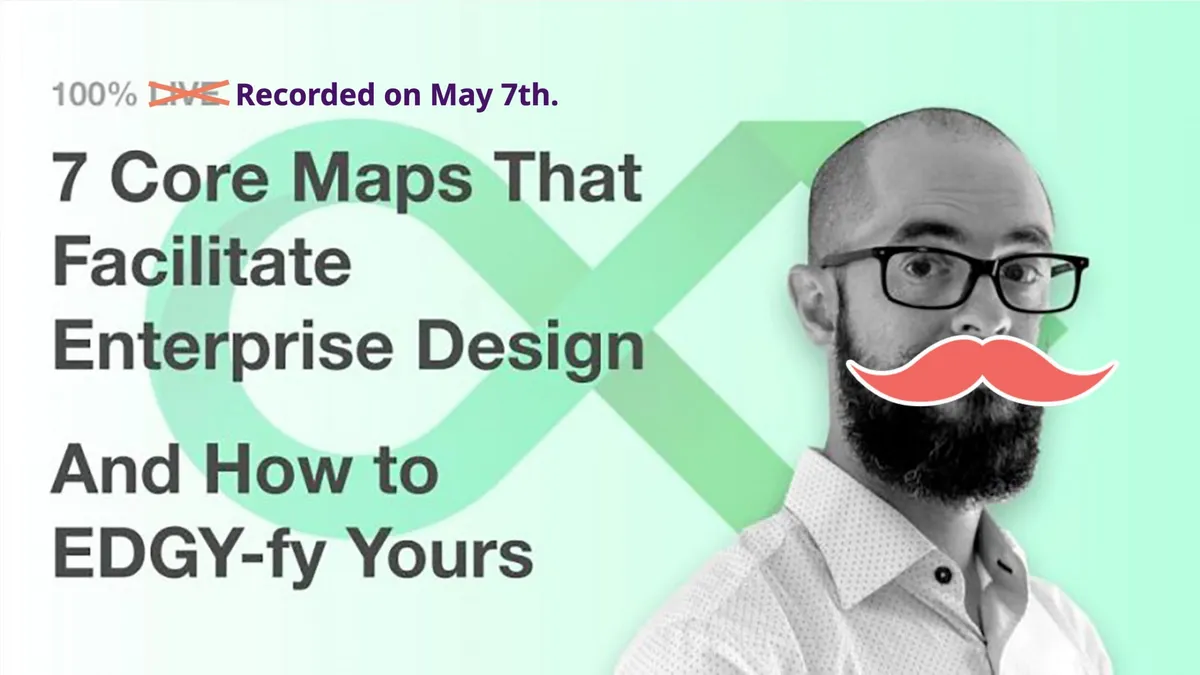 Title card for "7 Core Maps That Facilitate Enterprise Design," with a photo of Js Daigle wearing a moustache graphic over a green EDGY-branded background.