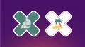Two X-shaped icons, one with a sailboat and one with a palm-tree island, on a purple background.