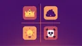 Four-quadrant icon grid with a crown, a grimacing poop emoji, a lightbulb, and a skull and crossbones.