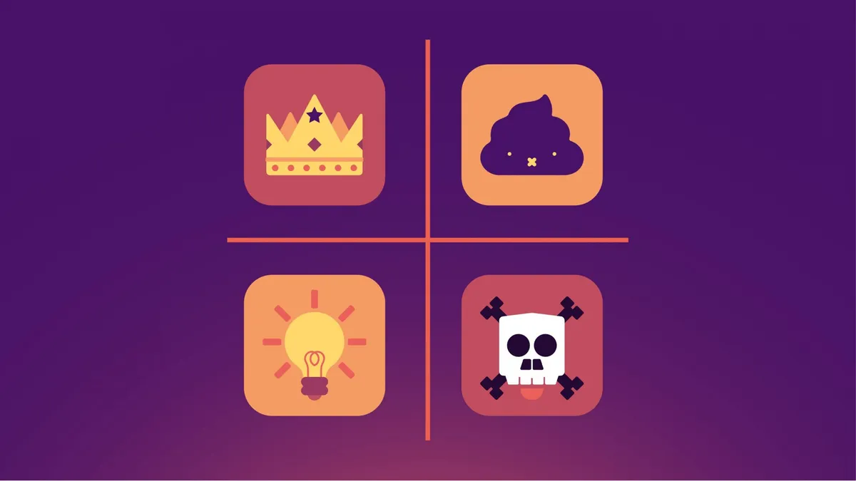 Four-quadrant icon grid with a crown, a grimacing poop emoji, a lightbulb, and a skull and crossbones.