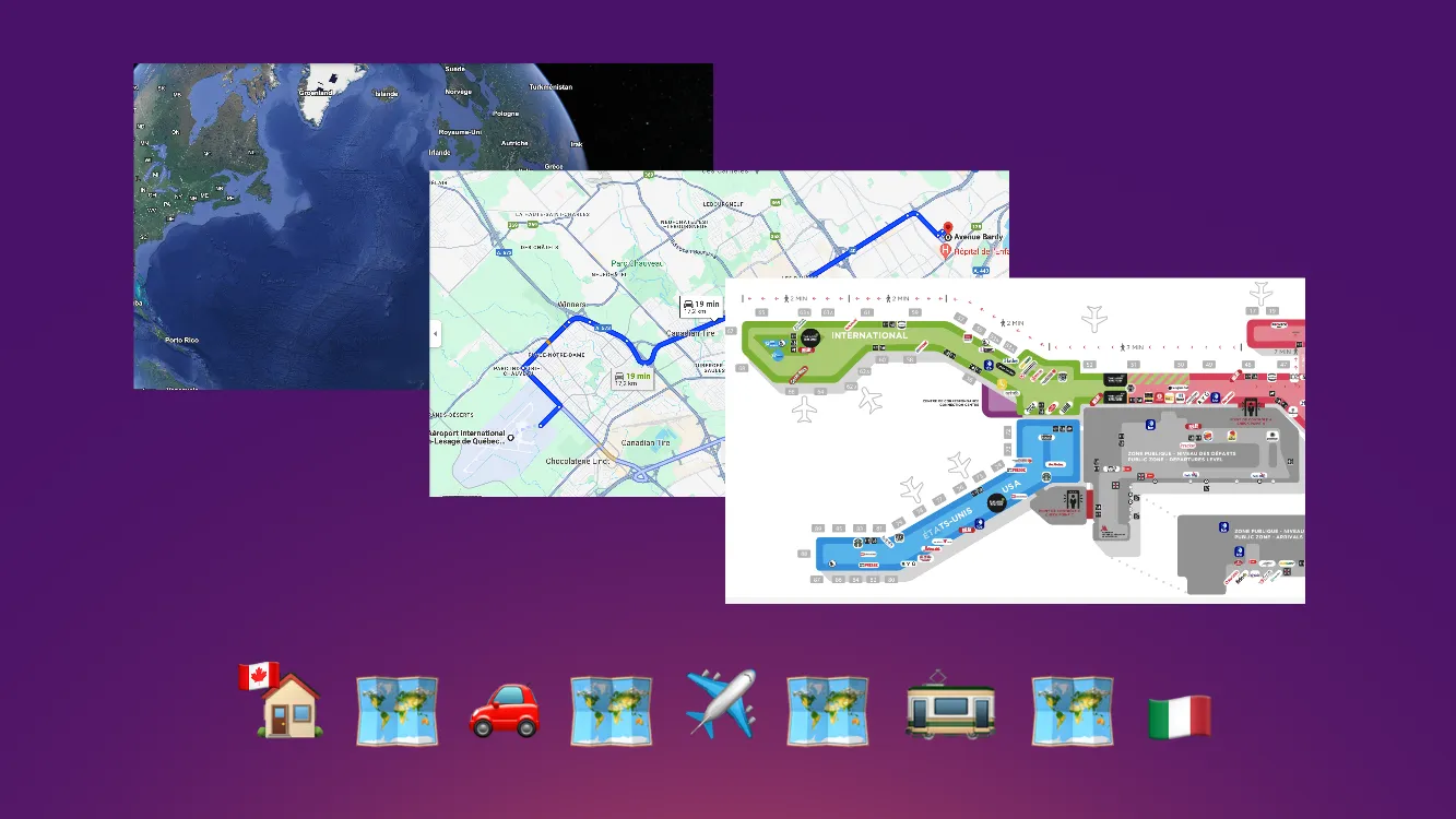 Collage of a globe view, a city street map with a driving route, and an airport terminal map, with a row of travel-themed icons below.
