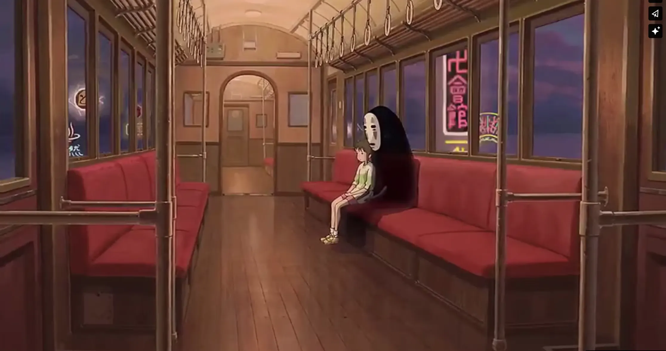 Still from Spirited Away: Chihiro sits beside the silent, masked spirit No-Face on a red bench inside an old train car.