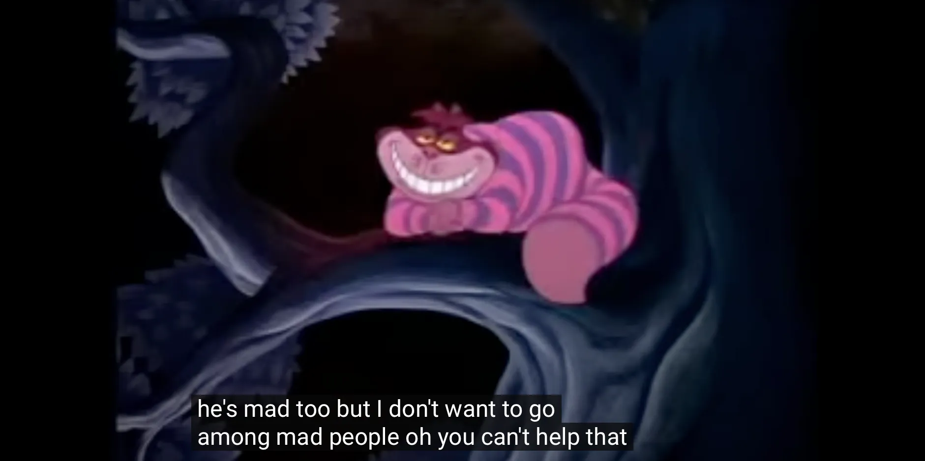 The Cheshire Cat grinning in the dark, captioned “he’s mad too but I don’t want to go among mad people, oh you can’t help that.”