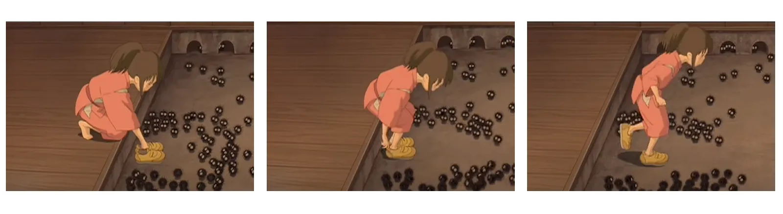 Three-panel sequence from Spirited Away of Chihiro crouching to help a soot sprite carrying coal.