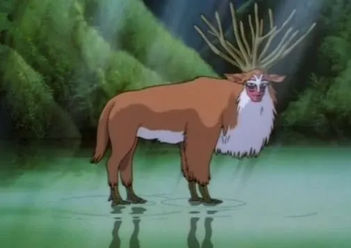Still from Princess Mononoke: the antlered Forest Spirit standing in a moonlit pond.