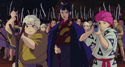 Still from Princess Mononoke: San and villagers raising rifles amid a crowd.