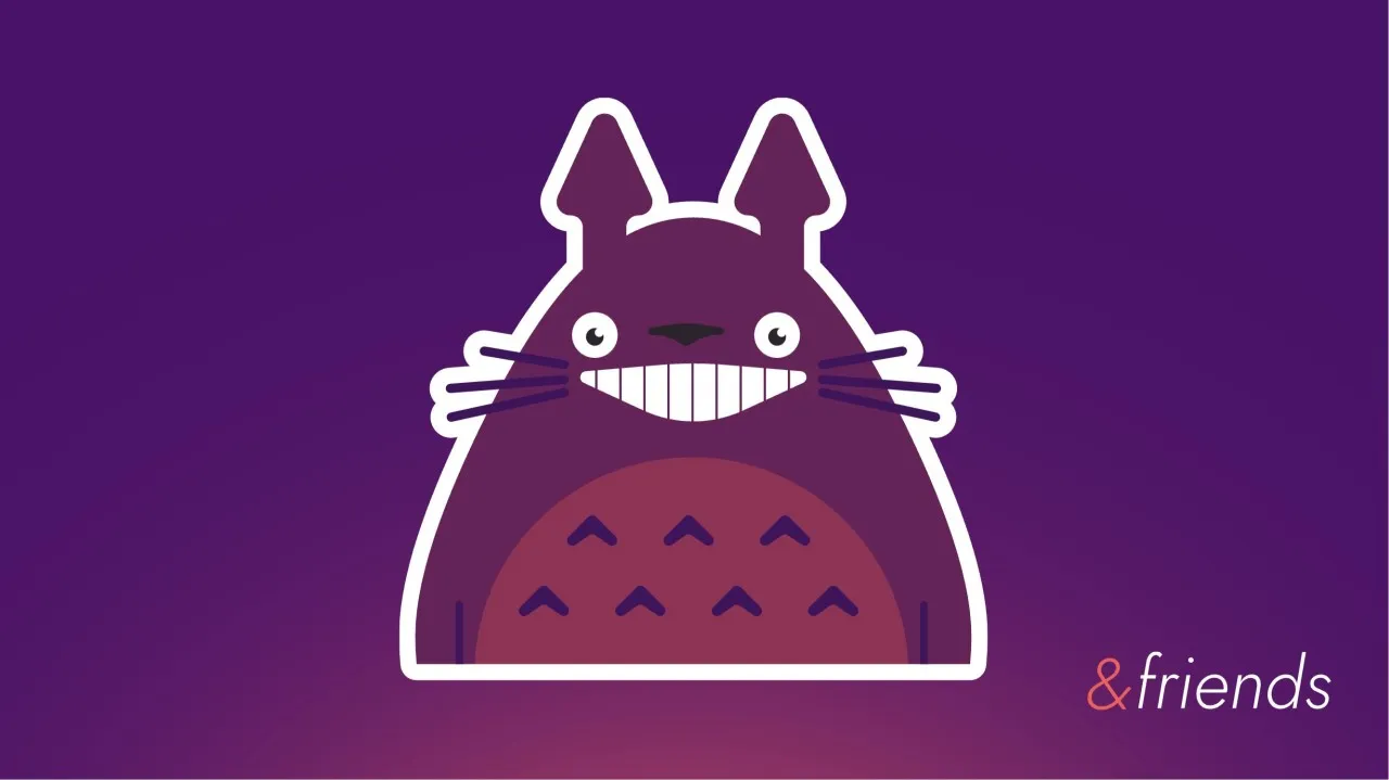 Illustration of Totoro grinning, sticker-style, with the &amp;friends logo in the corner.