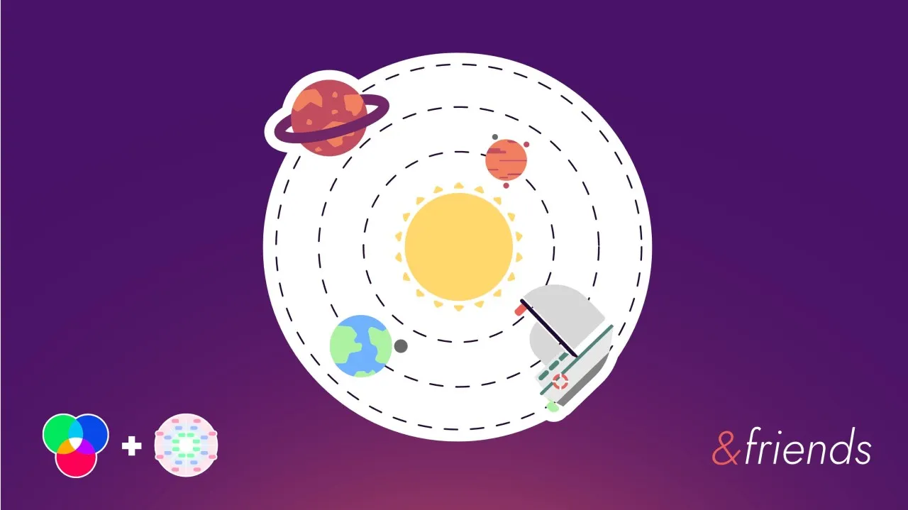 The same solar system illustration as the cover, with a small EDGY color-circle logo and a dotted team icon added beside the &friends wordmark.