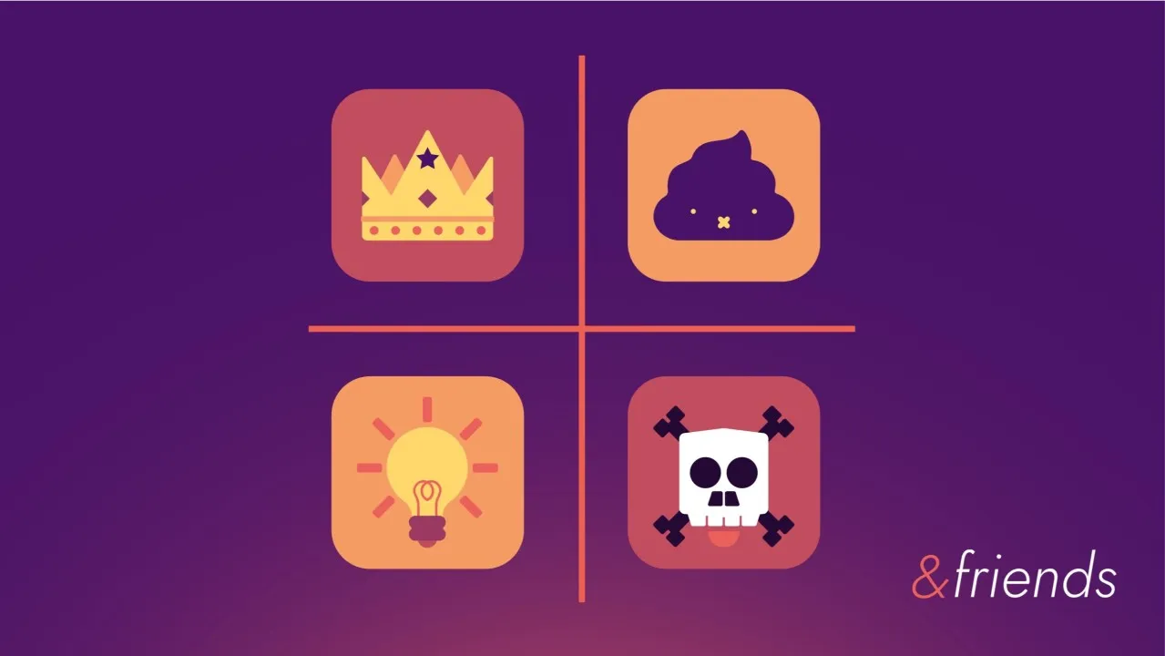 Four-quadrant icon grid with a crown, a grimacing poop emoji, a lightbulb, and a skull and crossbones, with the &friends logo.