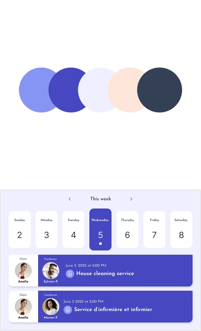 Carelancer color palette and weekly calendar