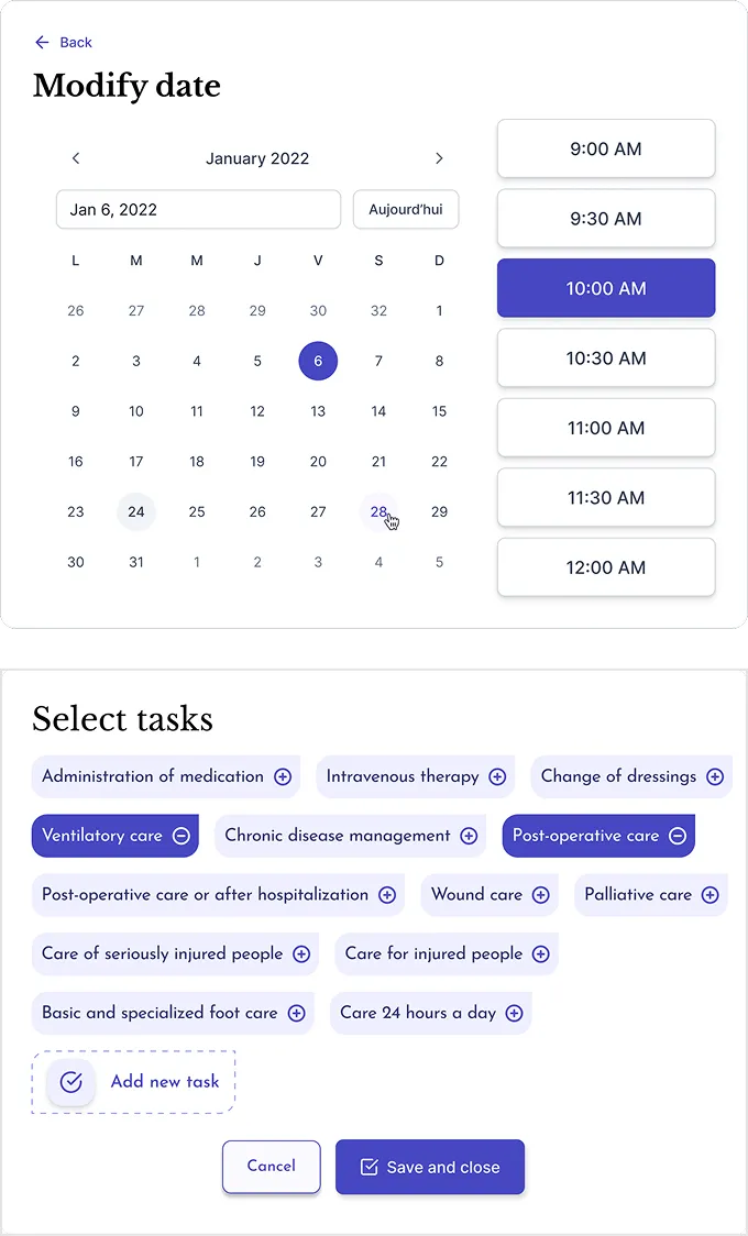 Carelancer modify date and select tasks screens