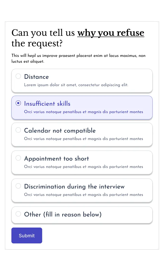 Carelancer request-refusal reason screen