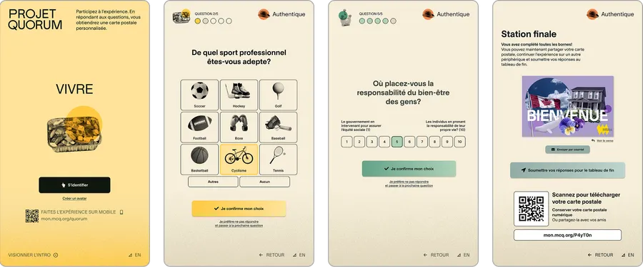 Projet Quorum kiosk screens — intro, questions, and station finale