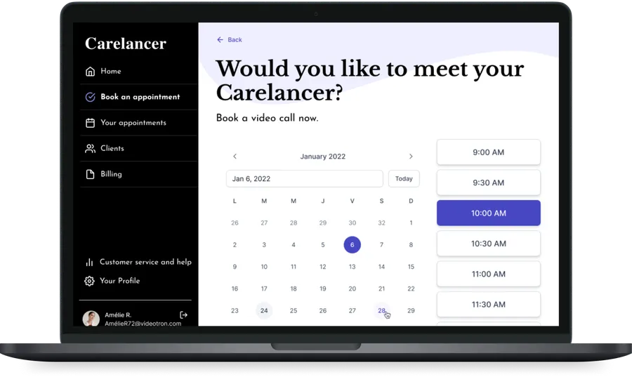 Carelancer video-call booking screen